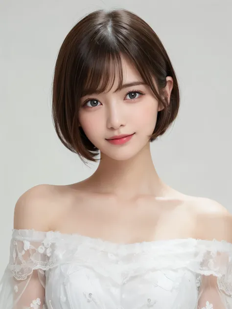 white Background, Full body portrait, Looks very happy, smile, One Girl, (Beautiful girl, Delicate girl:1.3), (20-year-old:1.3),  (white off shoulder dress), Very beautiful eyes, (Symmetrical eyes:1.3), C cup breasts, Brown eyes, Parted bangs, short hair, ...