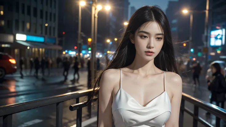 8K,Best quality, masterpiece, Ultra-high resolution, (Reality:1.4), RAW photos, (Real skin texture:1.3), (Film Grain:1.3), woman，Evening Dress，Single,Blurred eyes，masterpiece, Best quality,close up,Upper body shot, street，Cyberpunk style modern city，night，...