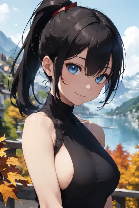 ((Top Quality)), ((Excellent)), (Detailed), ((Switzerland)), Ultra-Realistic, Stunning Environment, , ((Blue Eyes)), Black Hair, (Childish Face), ((Half-Smile)), (Ponytail), ((Close-Up)), Medium Size Breasts, ((Tailored Fitted Dress)), ((Highlands)), (Autu...