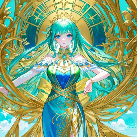 "(((Ultimate Ultra Good Luck))), ((((Blessing and Protection))))" 1:1.5 BREAK
Wings: Symmetrical angel wings extending from the back. Gold, blue, and green are mixed (1:1.8)
Colors: Gold (Main 1): The main color is rich and luxurious gold, symbolizing weal...