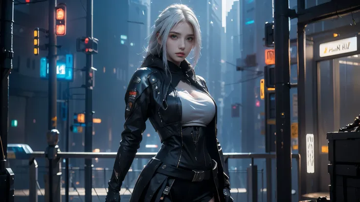 masterpiece,high resolution,8K,(Portrait Photos:1.5),(R Original Photo),Reality,Digital photography,(A fusion of cyberpunk and fantasy),(Female Soldiers),20-year-old girl,Casual hairstyle,White hair，Purple Eyes，By Bangs,(Large Breasts, Accessories,shut you...