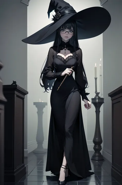 Shadow Face、beautiful girl、cute、Baby Face、smile、Glasses、Droopy eyes、Black Hair、Beautiful Long Hair、Straight Hair、bangs、Bangs、Gothic Dress、Long Dress、Black pumps、Big Breasts、Slim body、Short、small、slim、Black cat at feet、2 black cats、black kitten、Magic wand、w...