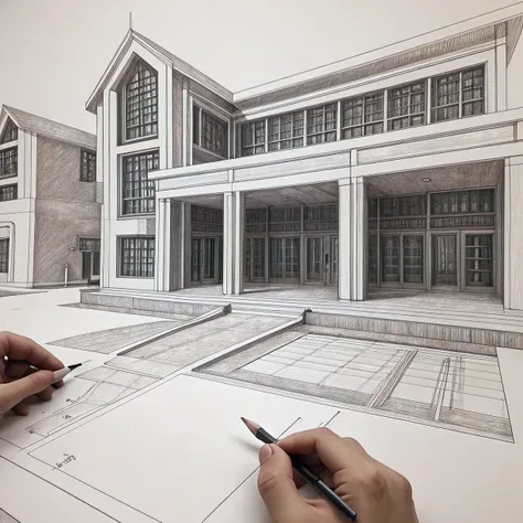 Pencil drawing, Architectural Design Process, Architectural Design And Drawings, In the process of completion, One hand, pencil, One hand holding a pencil, perspective projection, Two-point method, Trace-vanishing point method, Strange Architectural Design...