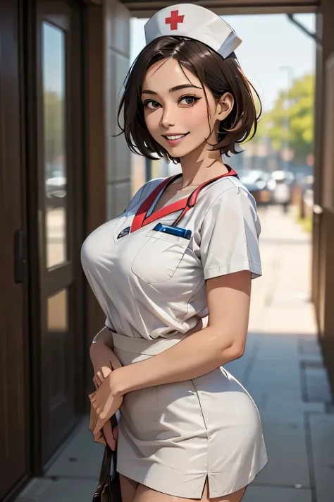 1 female, 40 years old, (Nurse cap, nurse uniform and mini skirt), masterpiece, grin, (very tanned and shiny skin), Big Breasts, photoRealistic, Realistic, alone, photoRealistic, Highest quality, Ultra-high resolution, Yura S, Outdoor, colorful,  Daytime s...