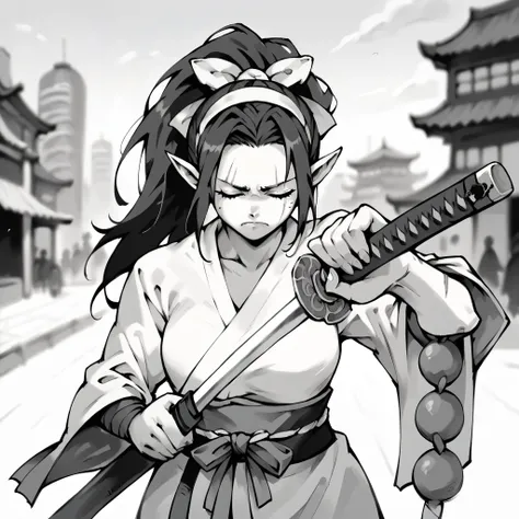 1girl, solo, closed eyes, ponytail, breasts, long pointy ears, closed mouth, frown, blind girl, samurai clothes, modern city bac...