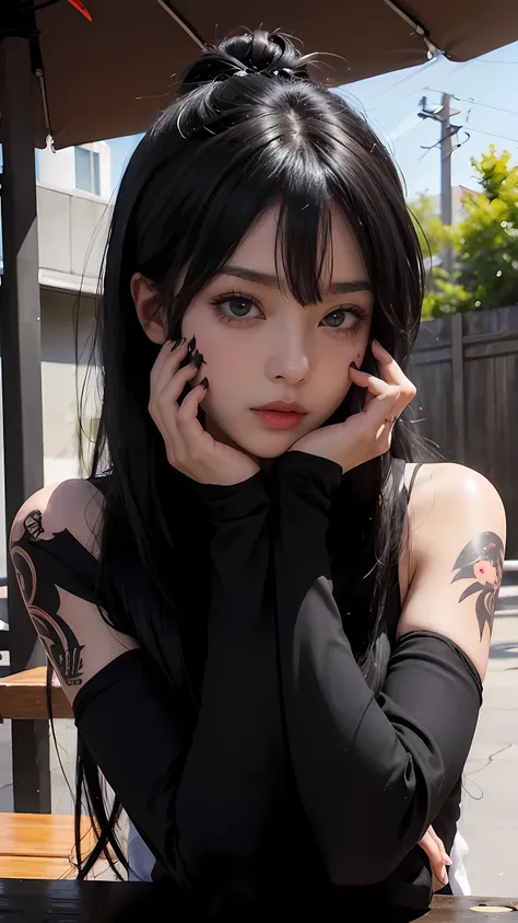  a girl,anime with big dark tattoos sits outside with finger painted hands on her face, 1girl, solo, black hair, black nails, long hair, tattoo, looking at viewer