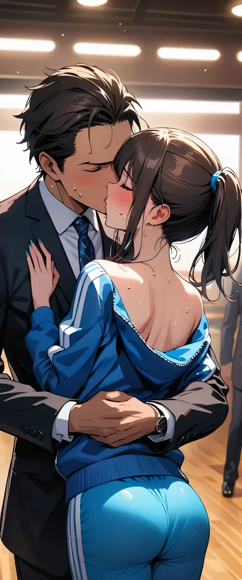 anime couple kissing in a dance studio with a man in a suit