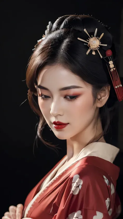 ((Top quality, 8k, Masterpiece: 1.3)), Sharp focus :1.2, ((geisha)). (()). ((Body slim thin captivating)). ultra-detailed face, highly detailed lips, detailed eyes, long eyelashes, Make-up face. Red lipstick. hair accessories, hair ...