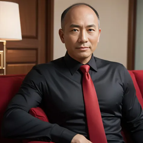 60 year old father,One Man、Black Shirt、Red tie、sofa、Businessman chairman,Muscular、Very short hair、Thinning hair、Asian Face　Stubble、Upper body close-up