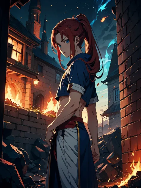 Schloss. Leder. Blue fire. Flames. Shirtless. Hot. Magic. fighting. Knight. Fantasy. Fantasy rpg. Blue Fire. Blue clothes.. Male. Long hair. Older. Boy. Male. Blue eyes. red hair. magier. Runes. More anime style. Fire. 2d. flatter. anime style. Blue clothi...