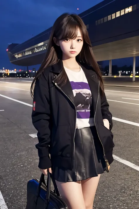 Night airport background、A woman leaving、Japanese、2、Medium-long hair、jacket、mini skirt、Low heels、A lonely look、I&#39;m about to board a plane、Airplane at night、Bust up images、