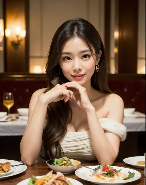 A photo taken with a Canon camera of a 2 mixed Korean-Thai woman sitting in a luxurious seaside restaurant. She has long wavy hair in a brownish-gray color and is wearing a cute white strapless dress with a large, luxurious faux fur shawl draped over her s...