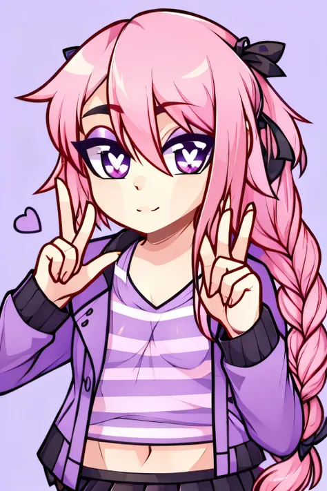 ((beautiful)+(attractive:0.9)+(sensual:0.8)),Astolfo, black skirt, long braid, braid, looking at viewer, purple eyes, hair between eyes,
, Huniecam Studios Art Style,simple background,heart shaped pupils,pink hair,flat chest no breasts,,purple jacket,strip...