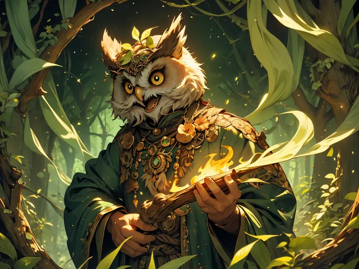 A hauntingly ancient and enigmatic ambiance, tinged with a subtle strangenessA century-old owl turns into a wood spirit,
Laughter arises from the nest amidst the green flames.