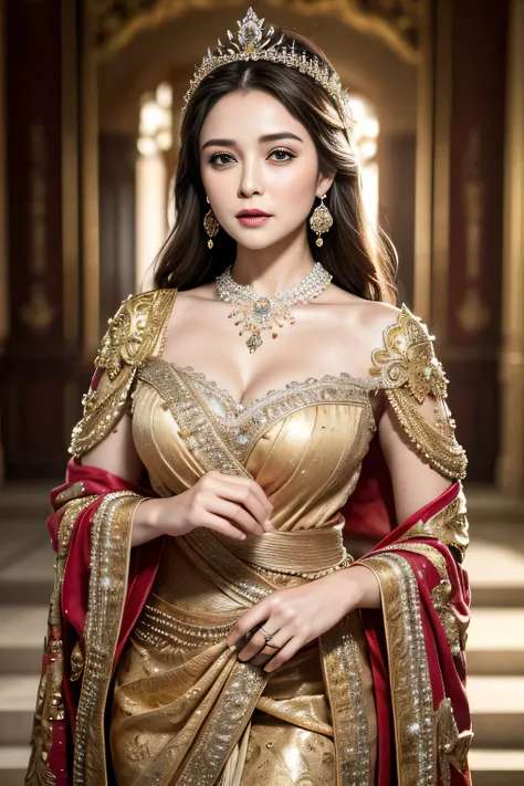 (best quality,4k,highres,masterpiece:1.2),ultra-detailed,realistic:1.37, preety zinta, beautiful and regal javanese queen,dark a...