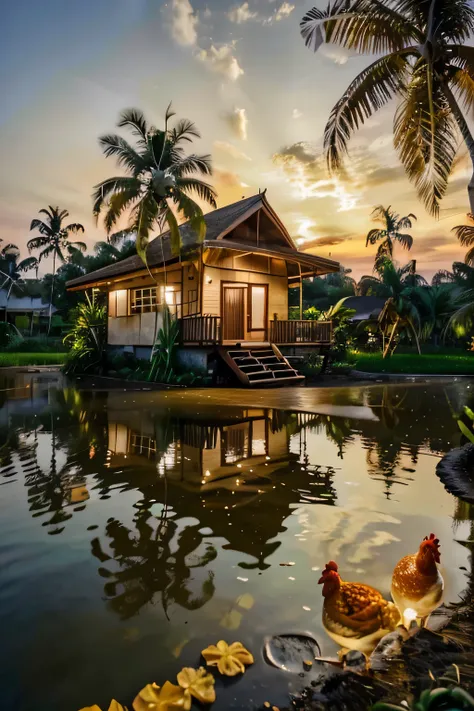 outdoortropicalhouse  little house  on riverside, garden, rice field, gold fish, coconut tree, dawn, chicken, tomato, tropical, ...