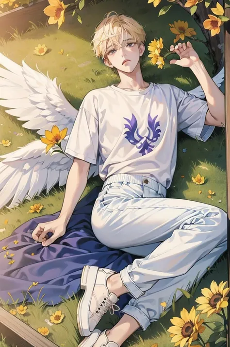 masterpiece, best quality, 2.5d illustration , 8k cg wallpaper, A handsome Korean high school boy with blond hair and violet eyes., The boy is wearing casual clothing, Angel wings, sexy korean bad boy, cara melancolica, sad</input></xml>, crying, Tears, De...