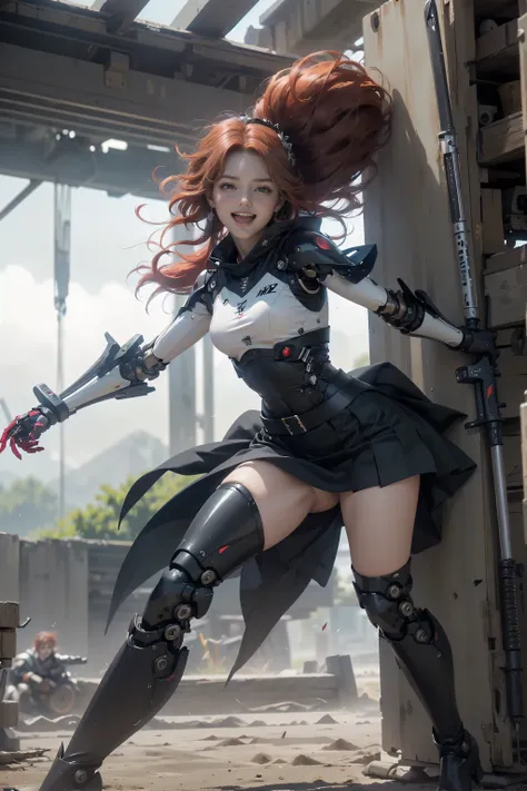 Full Body Shot,Perfect Eyes, Soft Light, high quality, 8k resolution, masterpiece, Textured skin, Attention to detail, 最high quality, Awards, Very detailed, high quality,(((war))),((Teenage Girls,Body 30％But weapons and machines,Red Hair,Dark Heroine,Laugh...