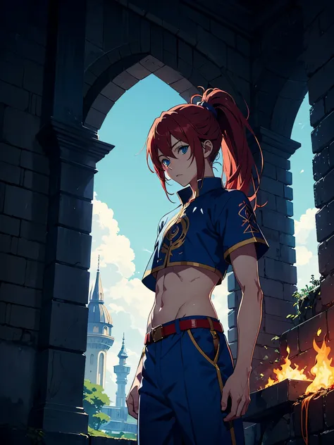 Zopf. Ponytail. Crop top. Wiese. Blue lights. Magier. Jrpg. Flowers. Mage. Fantasy rpg. Flames. Blue clothes.. Male. Long hair. Older. Boy. Male. Blue eyes. Red hair. magier. Runes. More anime style. 2d. flatter. anime style. Blue clothing. soft. More anim...