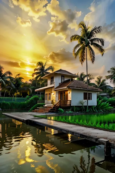 outdoortropicalhouse  little house  on riverside, garden, rice field, gold fish, coconut tree, dawn, chicken, tomato, tropical, ...