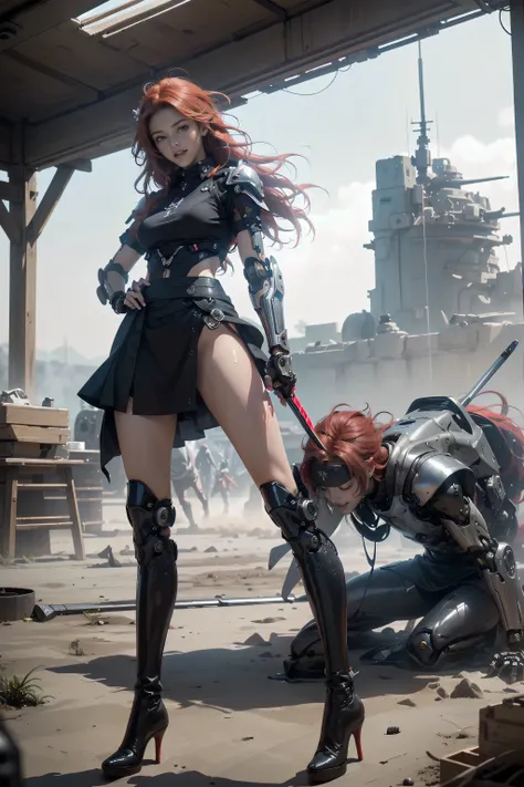 Full Body Shot,Perfect Eyes, Soft Light, high quality, 8k resolution, masterpiece, Textured skin, Attention to detail, 最high quality, Awards, Very detailed, high quality,(((war))),((Teenage Girls,Body 30％But weapons and machines,Red Hair,Dark Heroine,Laugh...