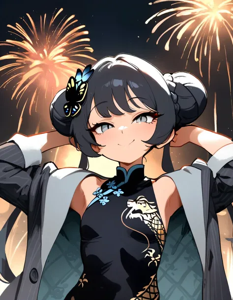 1girl, kisaki (blue archive), blue archive , masterpiece, best quality, newest, ///// nyantcha, khyle, cutesexyrobutts highres, absurdes. , solo, naughty smile, straight-on, black hair tied in a bun, with two longer strands framing her face and side-swep...