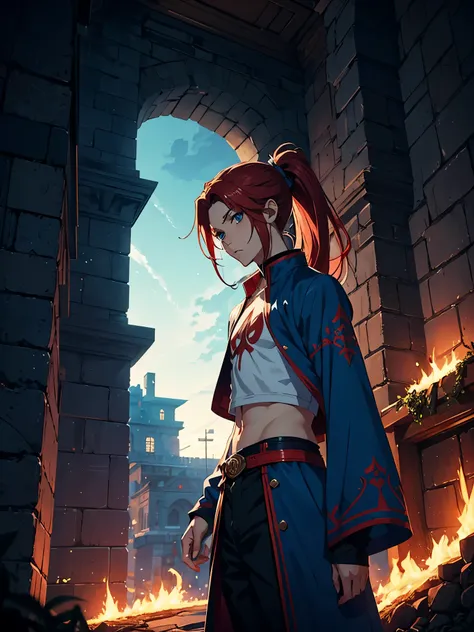 Zopf. Ponytail. Crop top. Wiese. Blue lights. Magier. Jrpg. Flowers. Mage. Fantasy rpg. Flames. Blue clothes.. Male. Long hair. Older. Boy. Male. Blue eyes. Red hair. magier. Runes. More anime style. 2d. flatter. anime style. Blue clothing. soft. More anim...