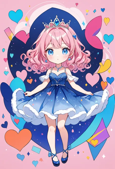 young woman,full body,Anime Style,Pink Curly Hair,Blue Eyes,Fluffy eyelashes,Delicate pink cheeks,Luxurious blue dress,Detailed Jewelry,tiara,Colorful background,Abstract shapes,heart