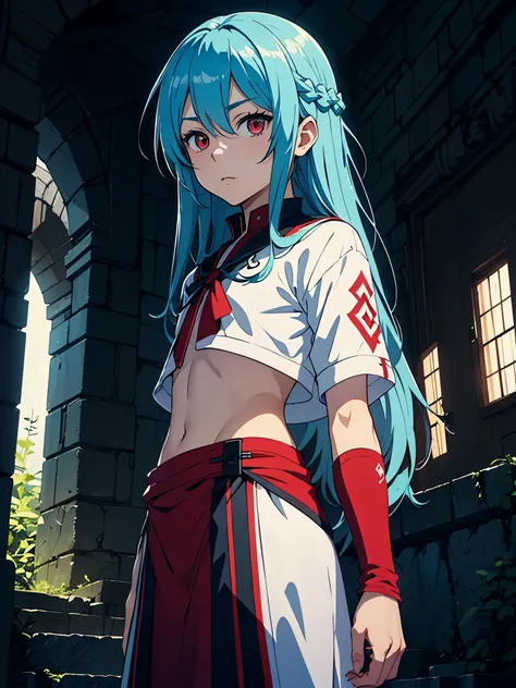 Open hair. Ruins in the background.. Crop top. wiese. Red lights. magician. jrpg. Flowers. mage. Fantasy rpg. Red clothes.. male. Long hair. older. Boy. male. Red eyes. Blue hair. magician. runes. More anime style. 2D. flatter. anime style. White clothing....