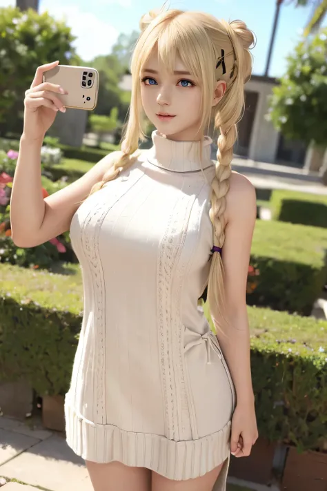 Playing drum, Marie rose, 12yo, adorable girl, child face, Marie rose, Blonde hair, Double buns, (((Oversized Knit dress))), Selfie, standing, perfect body, Looking at viewer, Garden, (high saturation:1.0),  (extremely detailed skin), (best quality:1.0), (...