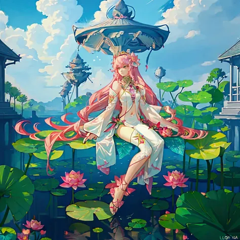 there is a pink flower floating in a pond of water, waterlily mecha nymphaea, standing gracefully upon a lotus, sitting on a lot...