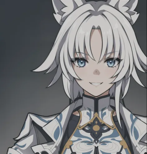 feixiao, feixiao from honkai star rail, smile, white hair, mischievous expression, short hair, fox girl, blue eyes, dark blue cl...