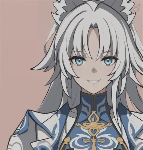 feixiao, feixiao from honkai star rail, white hair, uneven smile, mischievous expression, fox girl, blue eyes, white coat, gold trim, 1girl, masterpiece, close up, anime face, (beautiful and aesthetic:1. 5), thick black lineart, clean lineart, perfect line...