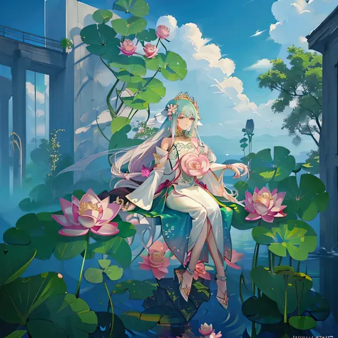 there is a pink flower floating in a pond of water, waterlily mecha nymphaea, standing gracefully upon a lotus, sitting on a lot...