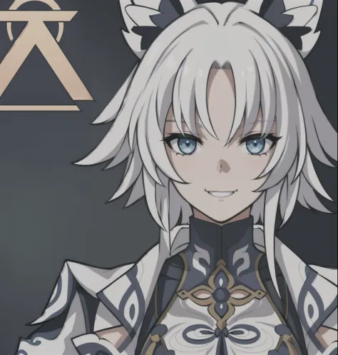 feixiao, feixiao from honkai star rail, smile, white hair, mischievous expression, short hair, fox girl, blue eyes, dark blue cl...