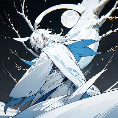 sharp lines, Blue, black and white are the main colors., male anime 2D, 2, Snow white skin, White hair, has long white rabbit ears, hair covering eyes, hands relaxed, dark background with full moon and winter trees, white costume, back to photo