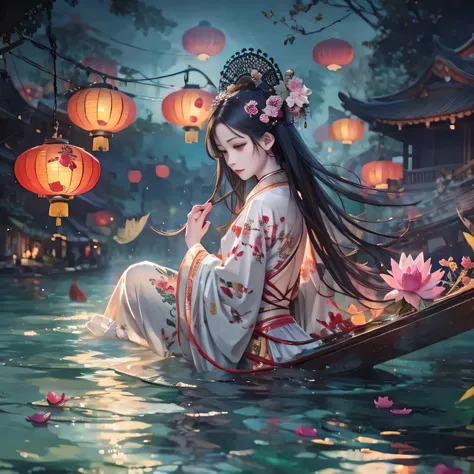 Best Quality、One Girl，Anatomically correct,My hair is messy，，Delicate Pattern，Oriental elements，Chinese Lantern，Lotus flower floating on the river，Ink painting style, Beautiful colors,Spooky Universe, Soft lighting, ( Bokeh)，masterpiece, Very detailed, Gre...