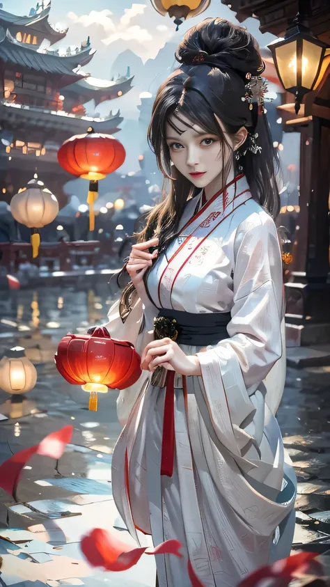 One Girl，Anatomically correct,My hair is messy，The white dress is not tied at the waist.，Delicate Pattern，Oriental elements，Chinese Lantern，Lotus flower floating on the river，Ink painting style, Beautiful colors,Spooky Universe, Soft lighting, ( Bokeh)，mas...