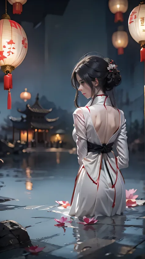 One Girl，Anatomically correct,My hair is messy，The white dress is not tied at the waist.，Delicate Pattern，Oriental elements，Chinese Lantern，Lotus flower floating on the river，Ink painting style, Beautiful colors,Spooky Universe, Soft lighting, ( Bokeh)，mas...