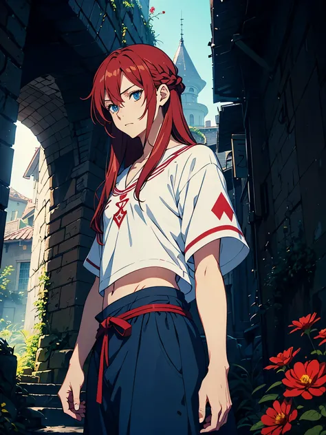 Open hair. Ruins in the background.. Crop top. wiese. Red lights. magician. jrpg. Flowers. mage. Fantasy rpg. Blue clothes.. male. Long hair. older. Boy. male. Blue eyes. Red hair. magician. runes. More anime style. 2D. flatter. anime style. Blue clothing....