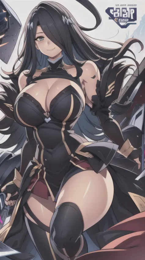 masterpiece,best quality,kim_kwang_hyun, 1woman, friedrich der grosse (azur lane), long pit black hair, hair over one eye, plump, solo, pit black hair, Long hair, hair over one eye, large huge breasts, looking at viewer, Violet colored eyes, Sharp eyes,  p...