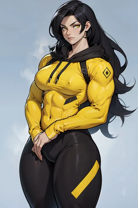 extremely long hair perfect anatomy 1 girl tall solo curvy ((muscular)) hoodie pale skin toned body black hair yellow eyes leggings cowboy shot perfect female anatomy breasts