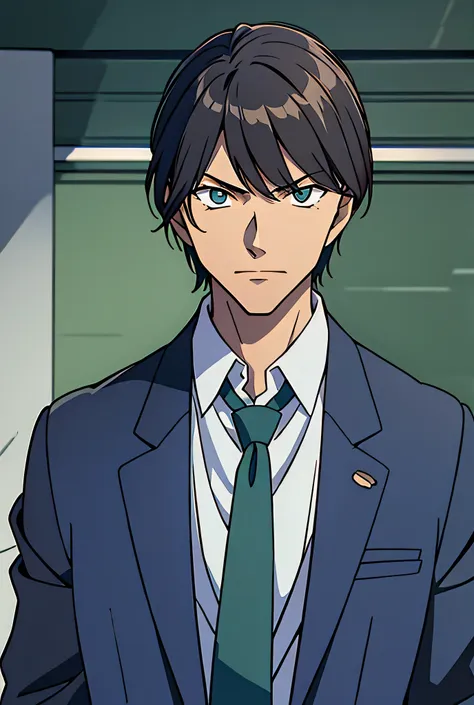 yagami light, solo, dark blue suit, green necktie, dark blue slack,