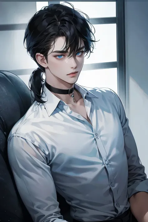 Man, Short mullet hair, wearing a black collared shirt, wearing black choker. deep blue eye, front view, soft neutral lighting, quiet and mysterious atmosphere.