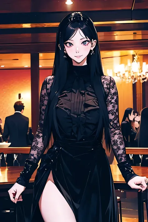 a beautiful anime girl with black long hair,extremely detailed face and eyes,big breasts,wide hips, wearing a long-sleeved, fitted dress with a slit in the skirt and a high-neck top,in luxury restaurant