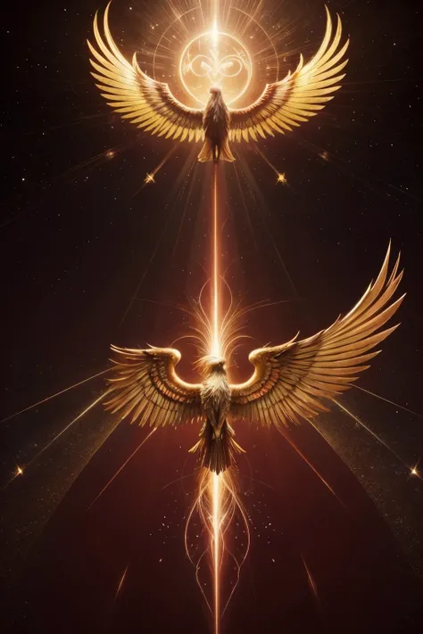 a phoenix with open wings in red and gold colors and around it there are some points of light and written very close by QUADRILHA SENSATION OF LOVE with a big heart between the letters and felix