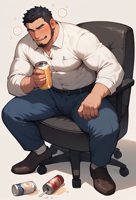 A male office worker is drinking canned beer at a Japanese food stall at night and getting drunk. The office worker is a Japanese man in his 30s with short black hair, a bulky and slightly hairy body, and wearing a full body suit.