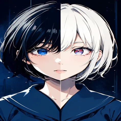 masterpiece,Best Quality,Very detailed,8k,High resolution,Balkun Style, Black and Red,One Girl,(Short Hair:1.2),Very detailed目,Very detailed顔,Very thin hair,masterpiece,Best Quality,(Left and right split themes:1.0),No gaps,Heterochromia iridis,((Two Tone ...