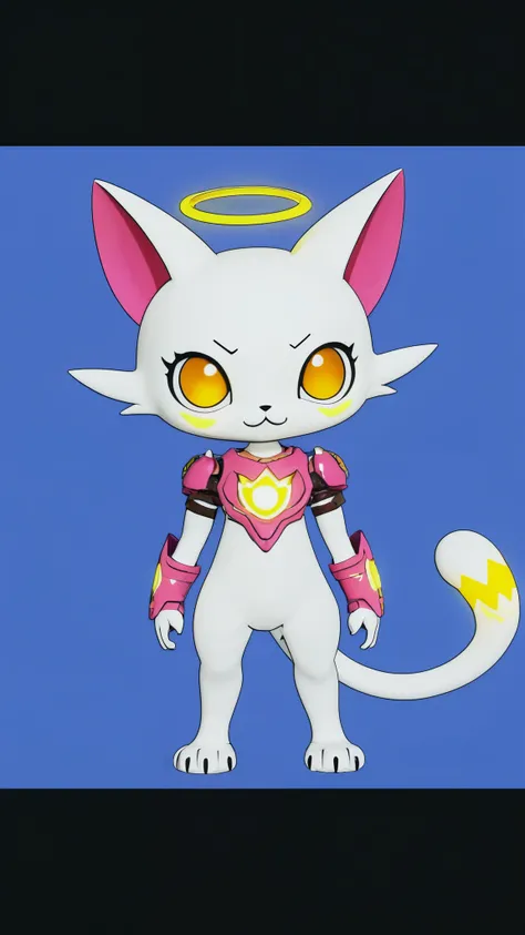 A anime-inspired digimon humaniod cat creature, its white , has big eyes , has a angels halo , wearing pink  armor yellow glowing accents.unreal 5, 3d render, created in unreal engine 5,