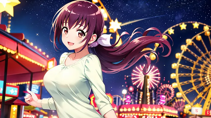 Starry Sky Nurture, Hair tied back, young face, large breasts, amusement park, excited, smiling, fun, happiness, illuminations, sparkling, innocence